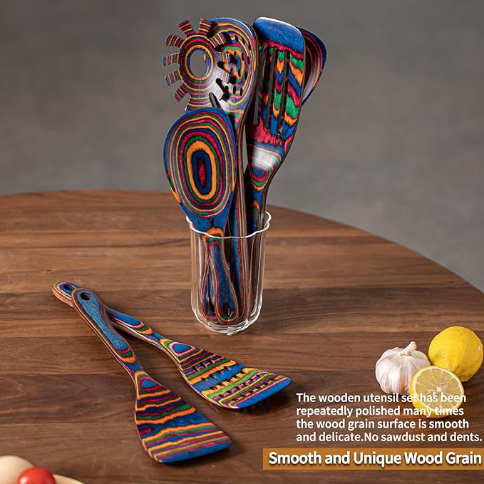 Gudamaye Pakka wood 7-Piece Blue Wooden Cooking Utensils, Wooden Spoons - Image 6