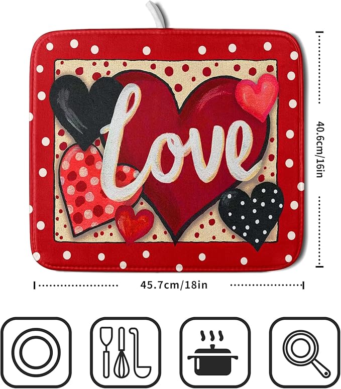 Love Heart Dish Drying Mat 16"x18" Red Dots Microfiber Dish Rack Mat Holiday - Image 2