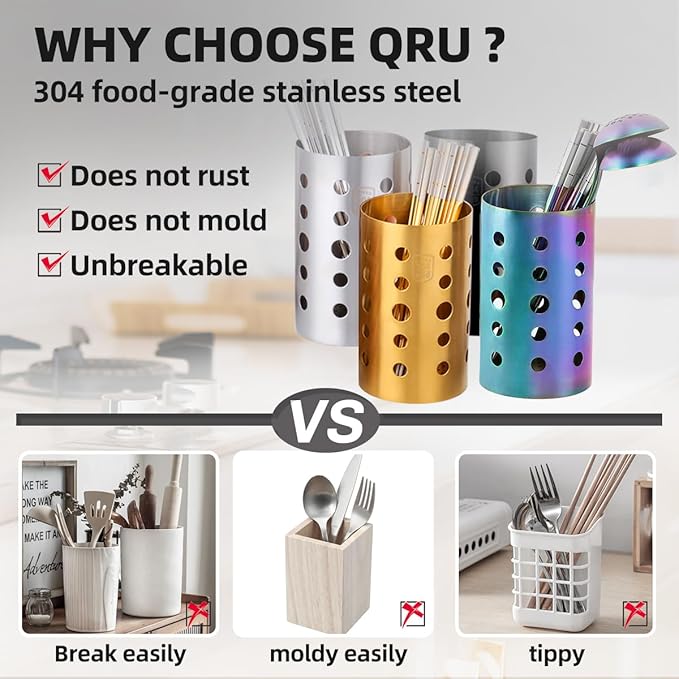 QRU Kitchen Utensil Holder for Countertop, Stainless Steel Cooking Utensil - Image 2