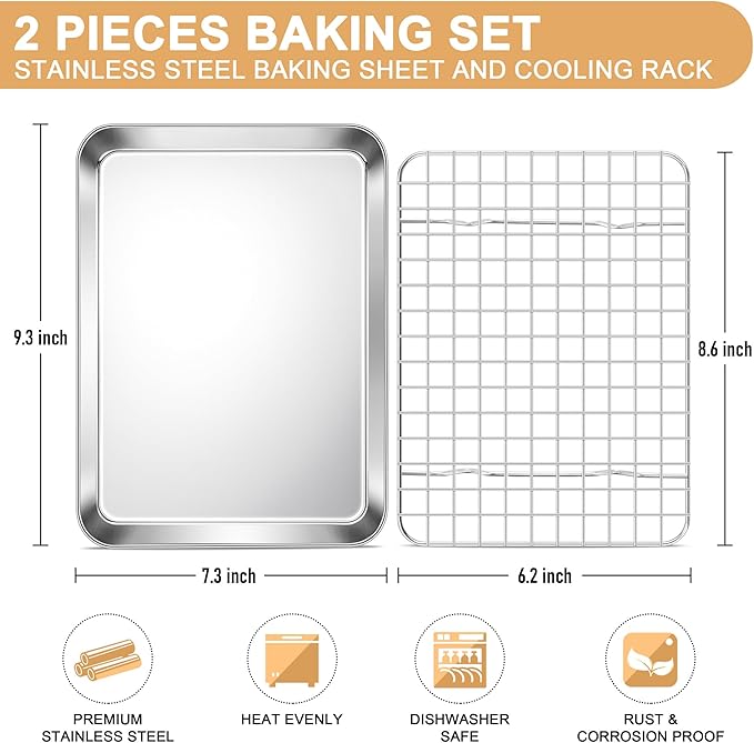 E-far Baking Sheet with Rack Set, 9.5” x 7.3” Stainless Steel Cookie Sheet - Image 2