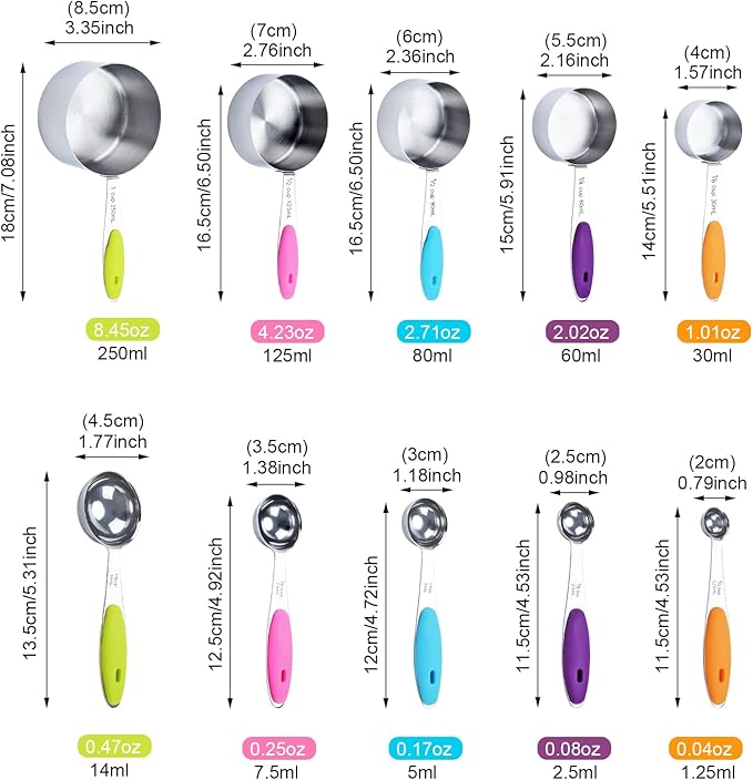 Measuring Cups and Spoons Set of 10 Piece, 18/8 Stainless Steel Nesting - Image 2