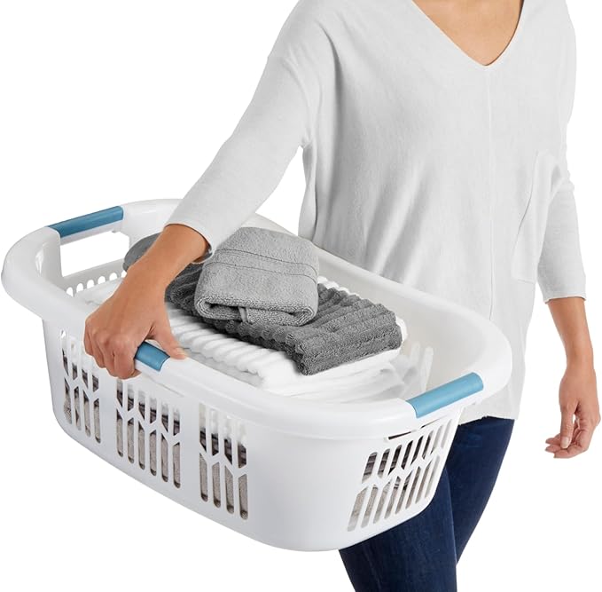 Rubbermaid Large Hip-Hugger Laundry Basket/Hamper, 1.5-Bushel, White, Stackable Storage Bin/Organizer for Bathroom/Bedroom/Dorm/Home