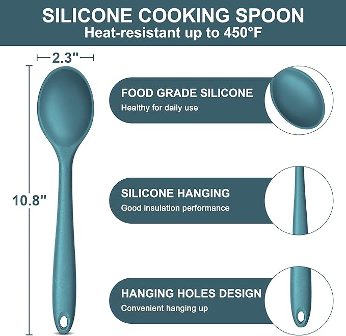 E-far Silicone Cooking Spoon Set of 2, Heat Resistant Kitchen Spoons Utensils - Image 2