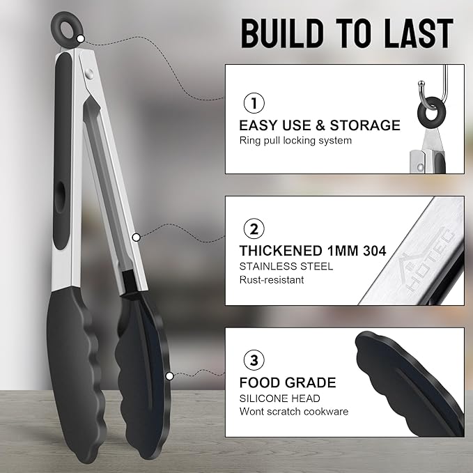 HOTEC Premium Stainless Steel Locking Kitchen Tongs - Image 5