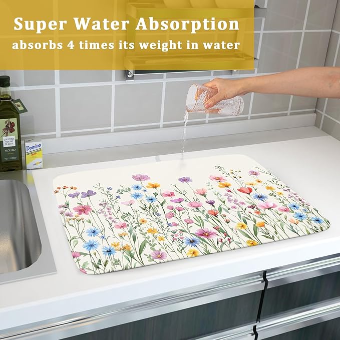 Giwawa Spring Floral Dish Drying Mat 18"x24" Watercolor Summer Wildflower Dish - Image 7
