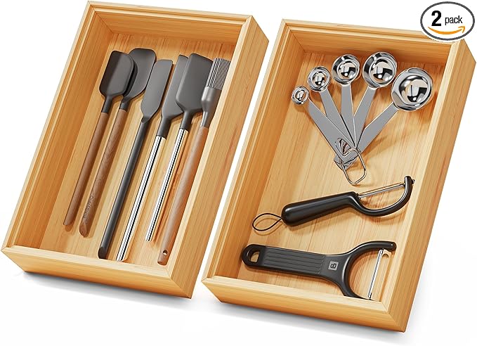 Bamboo Kitchen Drawer Organizer Boxes – 9" x 6" Stackable Wood Silverware by LOCHANTIE