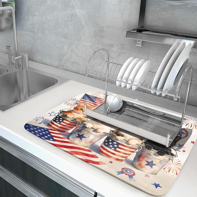 Vintage Patriotic Dish Drying Mat Cute Cats American Flag Drying Matt Kitchen - Image 5