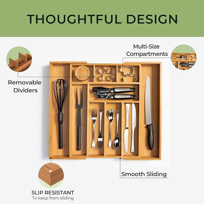 keechee Carbonized Bamboo Kitchen Drawer Organizer, 10 Slots Expandable - Image 6