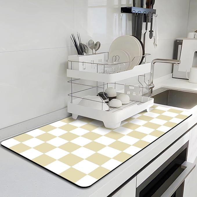 Checkered Dish Drying Mat for Kitchen, Coffee Station Mats by BLESWIN