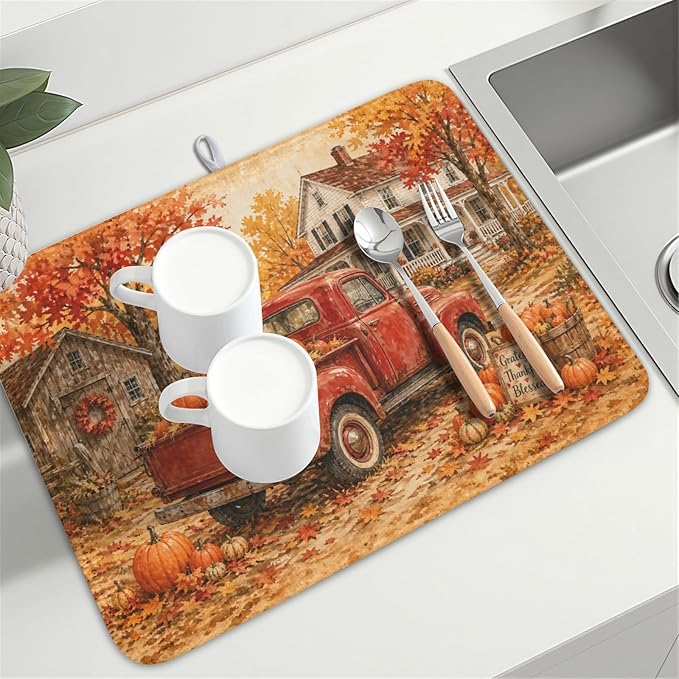 Fall Pumpkin Dish Drying Mat for Kitchen Counter Thanksgiving Autumn Harvest - Image 8