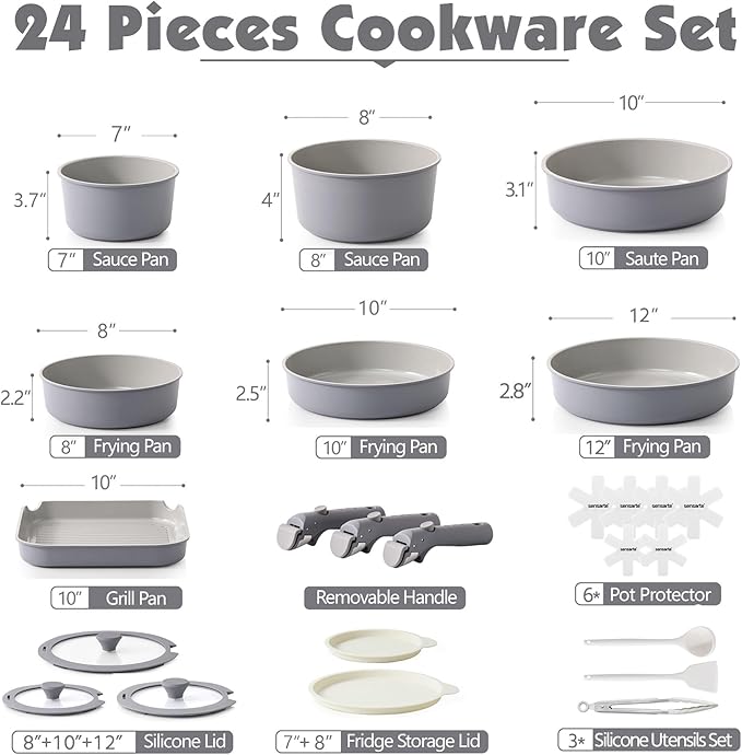 SENSARTE 24 Piece Ceramic Pots and Pans Set, Nonstick Detachable Handle Cookware - Image 2