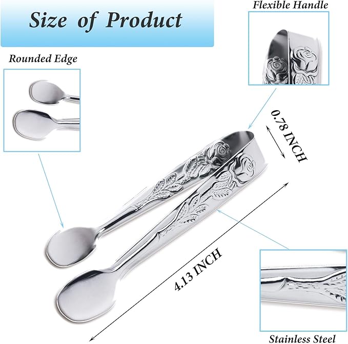 3PCS Mini Serving Tongs, 4Inch Rose Stainless Steel Sugar Cube Tongs, Sliver - Image 2