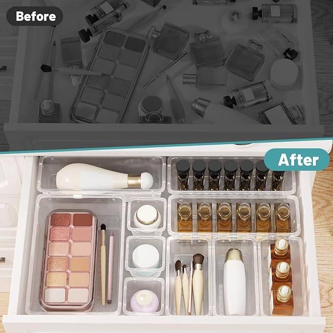 WOWBOX 32 PCS Clear Plastic Drawer Organizer Set, 4 Sizes Desk Drawer - Image 5