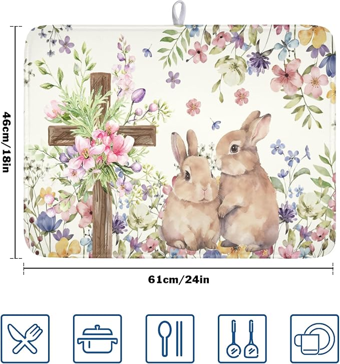 Easter Bunny Dish Drying Mat 18 x 24 Inch Rabbit Dish Drainer Rack Mat Colorful - Image 2