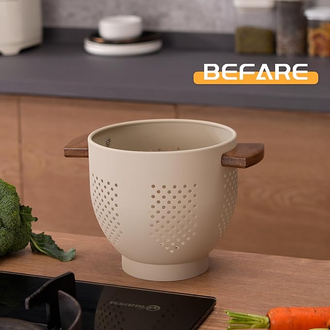 BeFare Metal Colander with Wood Handle and Stable Base, Powder Coated Steel - Image 7