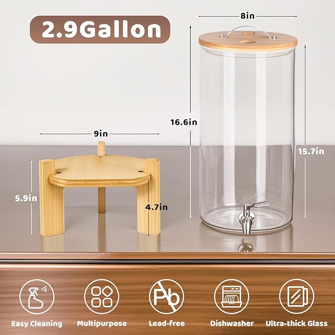 Beverage Dispenser 2.9 Gallon, Glass Drink Dispenser - Image 2