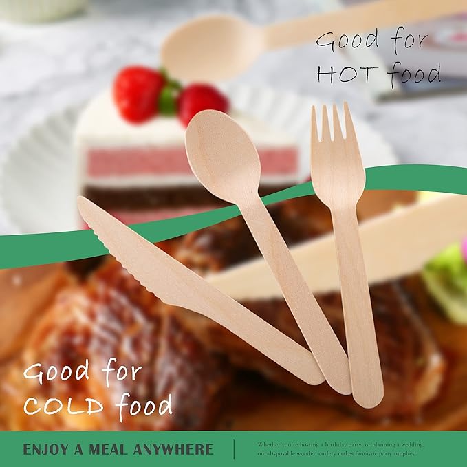 Disposable Wooden Forks -Pack of 100, 6.5" Length-Biodegradable, Natural Wooden - Image 3