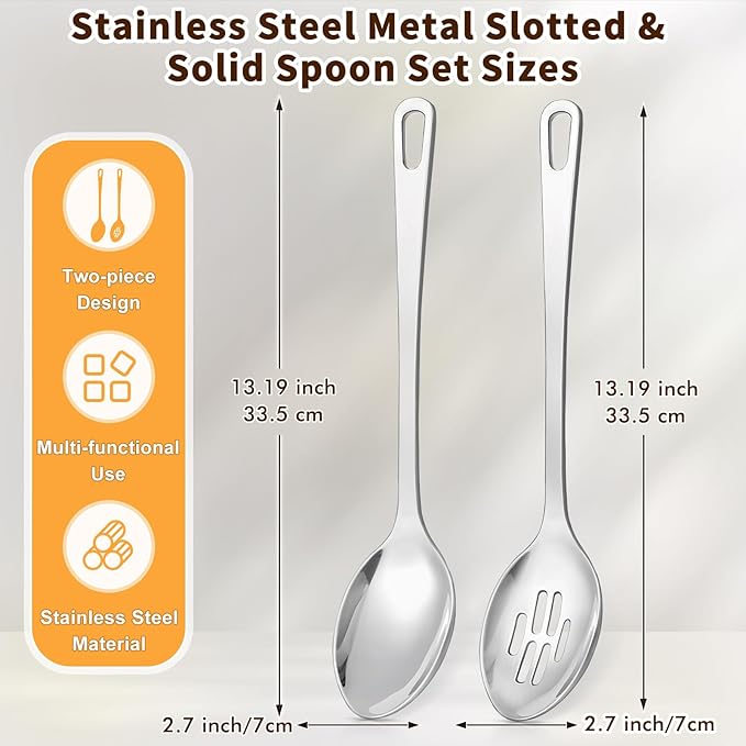 2 Pcs Stainless Steel Cooking Spoons Set, Solid & Slotted Metal Serving Spoons - Image 6
