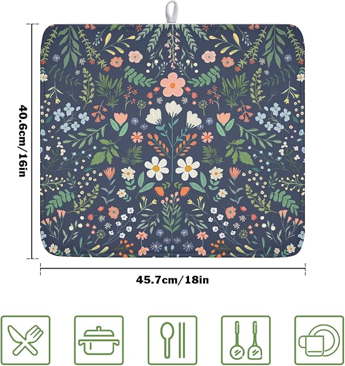 Floral Dish Drying Mat for Kitchen Counter Rustic Flower Leaves Print - Image 2