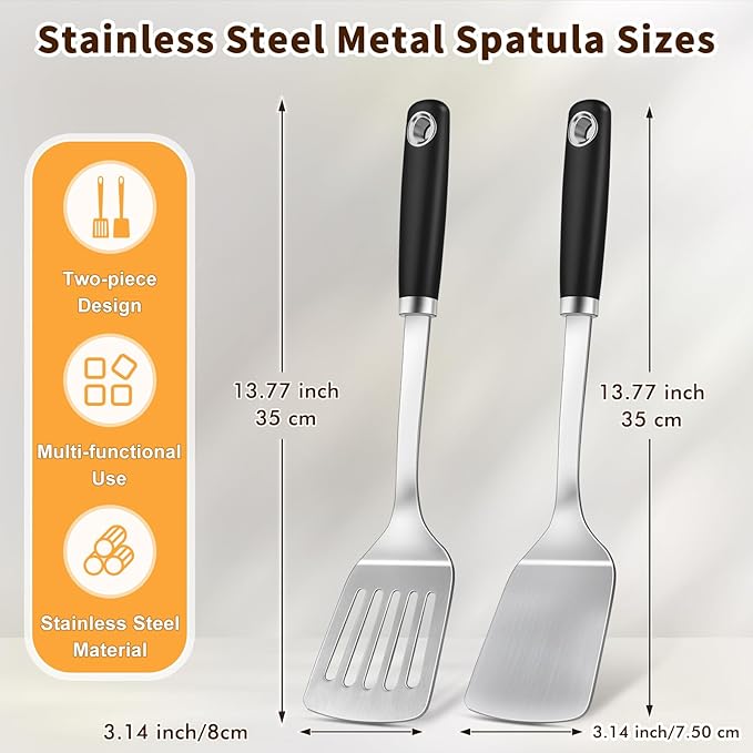 2 Pcs Silicone Stainless Steel Spatulas Set, Metal Spatula Solid & Slotted - Image 6