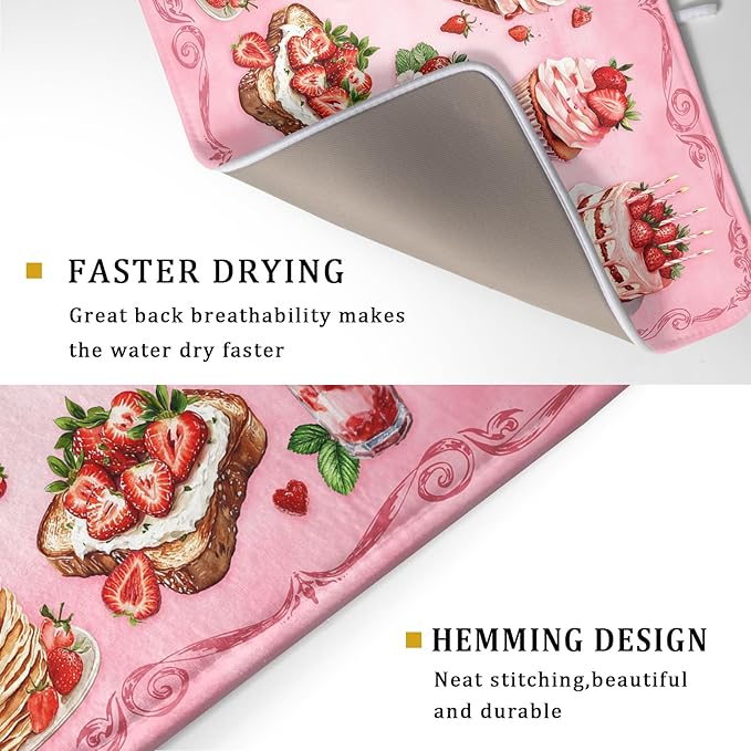 Strawberry Dish Drying Rack Mat Pink Absorbent Microfiber Dish Drying Mat - Image 3