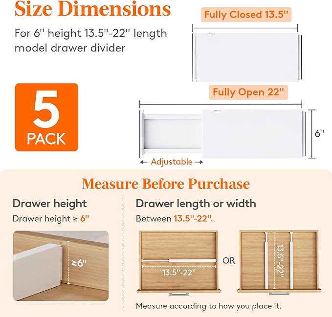 Lifewit 5 Pack 6" High Drawer Dividers 34-56cm/13.5-22" Adjustable Drawer - Image 2