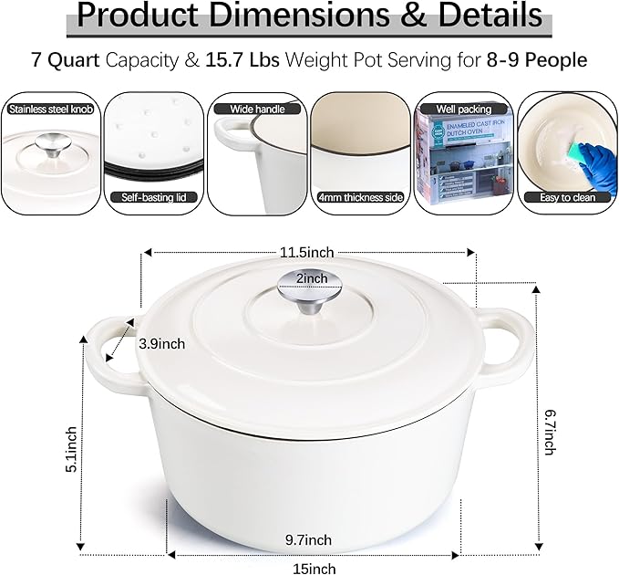 E-far 7QT Enameled Dutch Oven, Cast Iron Dutch Oven Pot - Image 2