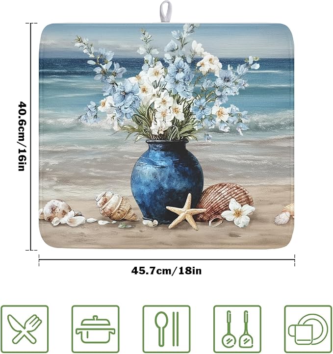 Summer Beach Dish Drying Mat for Kitchen Counter Nautical Coastal Blue Ocean - Image 2