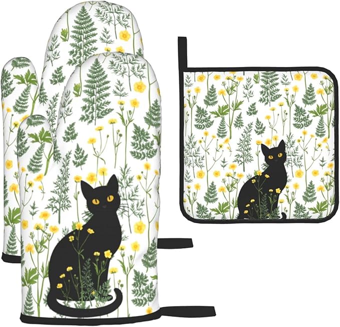 Black Cat Wildflower Hot Pads and Oven Mitts Set of 3, Spring Summer Plants by Unknown