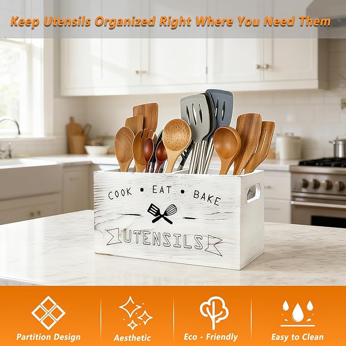 Large and Durable Retro White Wooden Kitchen Utensil Holder - Image 4