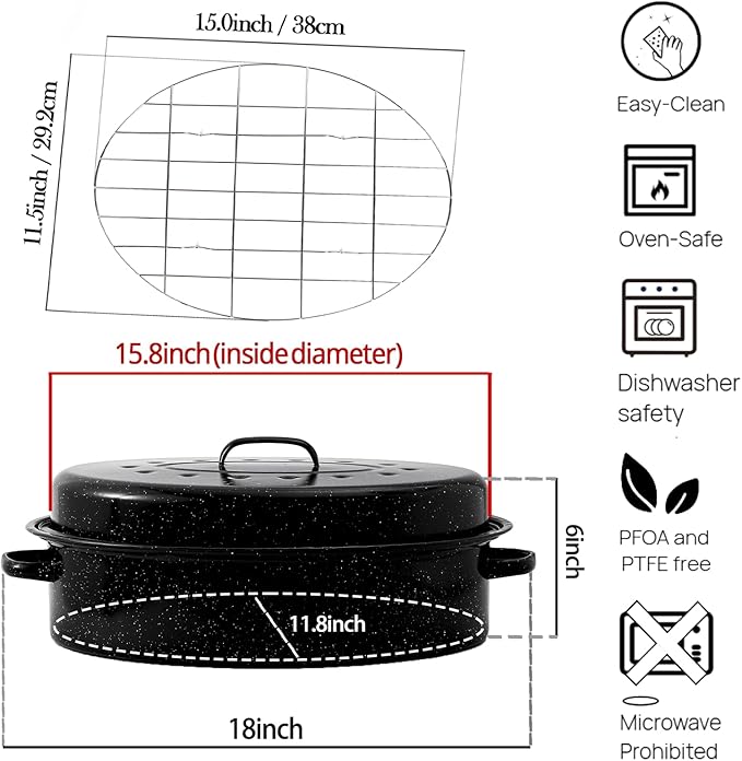 Oval Roasting Pan with Lid and Rack 18" Large Roaster Pan Set Comes With Lron - Image 2