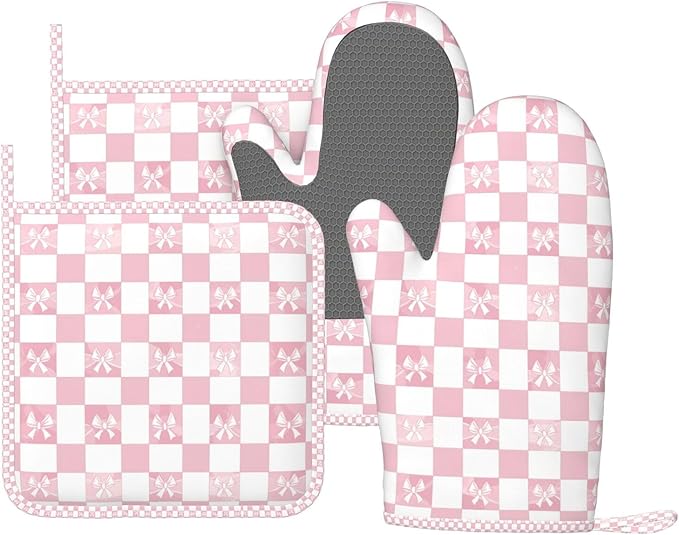 Oven Mitts and Pot Holders Pink Check Bow Pattern Silicone Kitchen Accessories by DADABULIU
