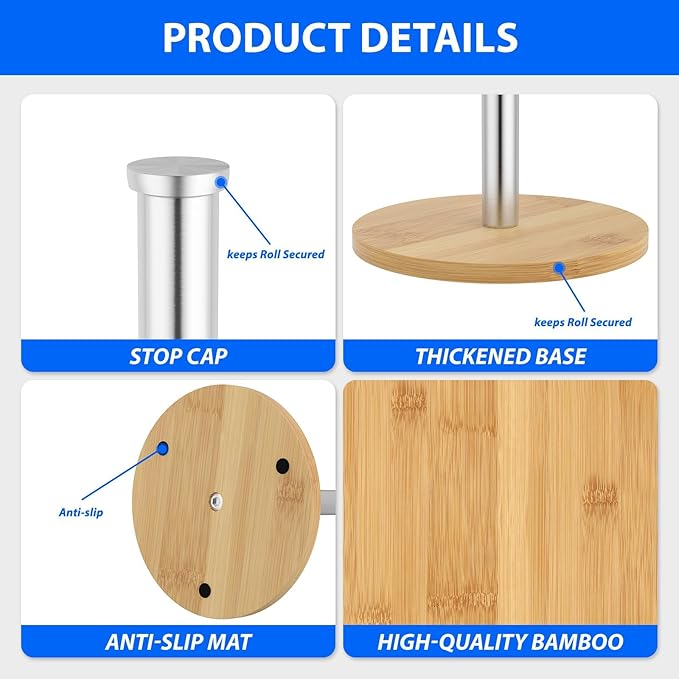 Wooden Paper Towel Holder Countertop, Non-Slip Base, Stainless Steel, - Image 3