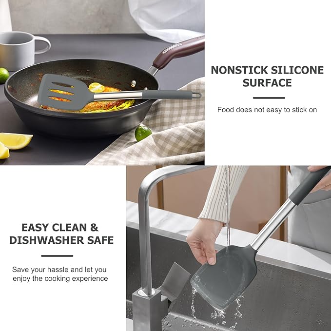 TeamFar Kitchen Utensils, for Non-stick Cookware Flipping, Draining – Gray - Image 6