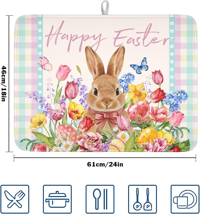 Easter Bunny Dish Drying Mat for Kitchen Counter Happy Easter Rabbit Floral - Image 2