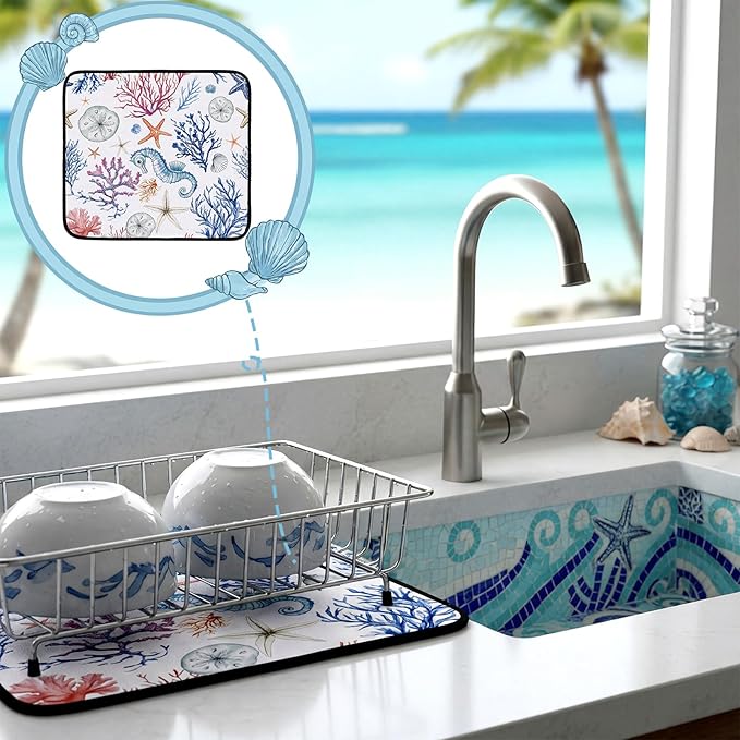 Breling Summer Dish Drying Mat Beach Kitchen Dry Mat 16 x 18 Inch Seahorse Blue - Image 4