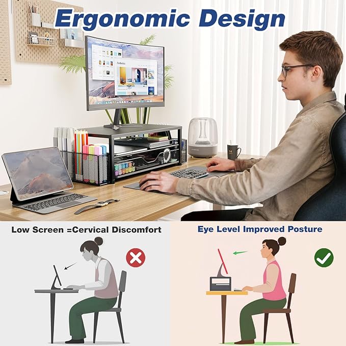 OPNICE Desk Organizer and Accessories, 2-Tier Computer Monitor Stand Riser - Image 2
