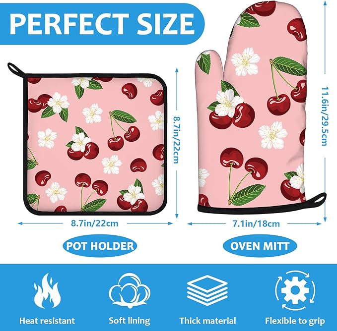 Cherry Oven Mitts and Pot Holders Sets Heat Resistant 4Pcs White Flower - Image 2