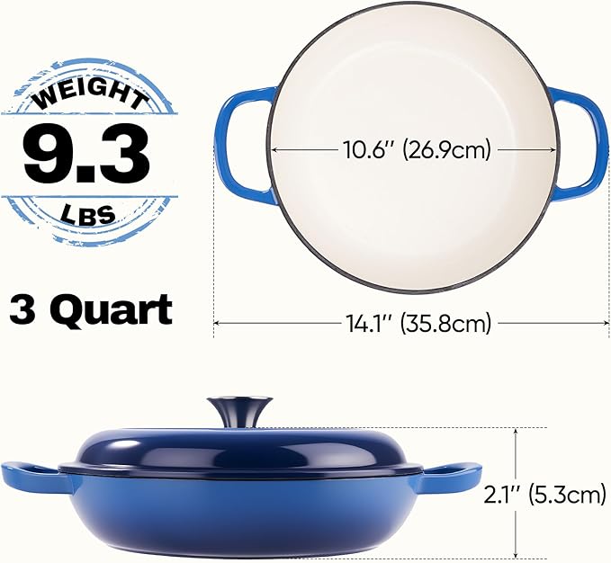 3 Quart Enameled Cast Iron Braiser, Non Stick Enameled Cast Iron Skillet - Image 4