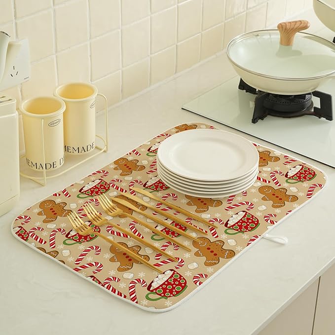 Christmas Dish Drying Mat 18x24 Inch Winter Brown Gingerbread Man Dish Drainer - Image 2