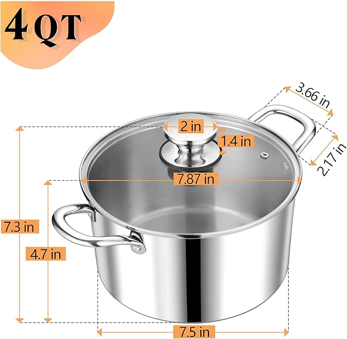 P&P CHEF 4 Quart Tri-Ply Stainless Steel Stock Pot, 4 Qt Stockpot Pasta Cooking - Image 2