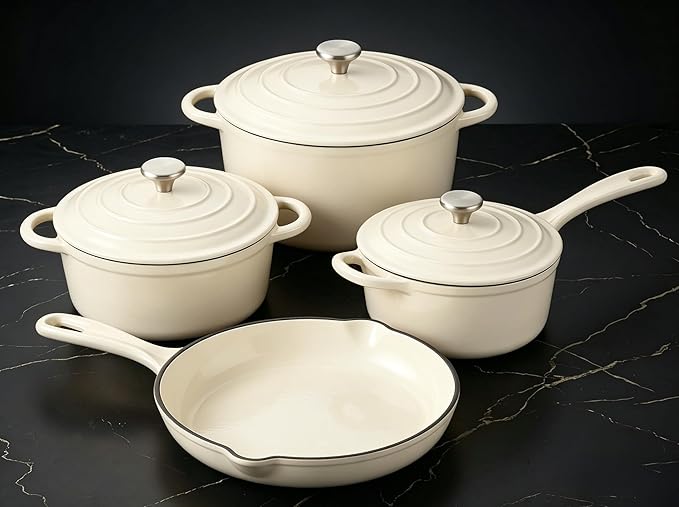 QuliMetal Enameled Cast Iron Cookware Set, 4-Piece Pots and Pans Set by QuliMetal