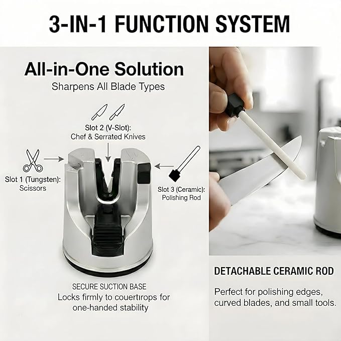 Knife Sharpener for Kitchen Knives, 3-Stage Suction Cup Sharpening Tool for - Image 3