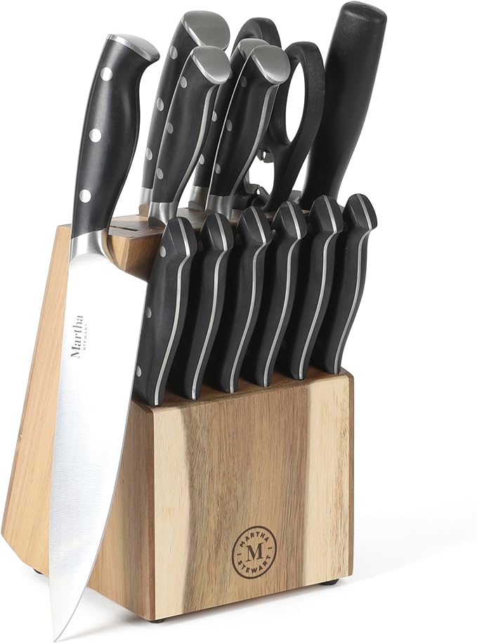 Martha Stewart Greeley 14 pc Triple- Riveted Cutlery Knife Acacia Wood Block by MarthaStewart