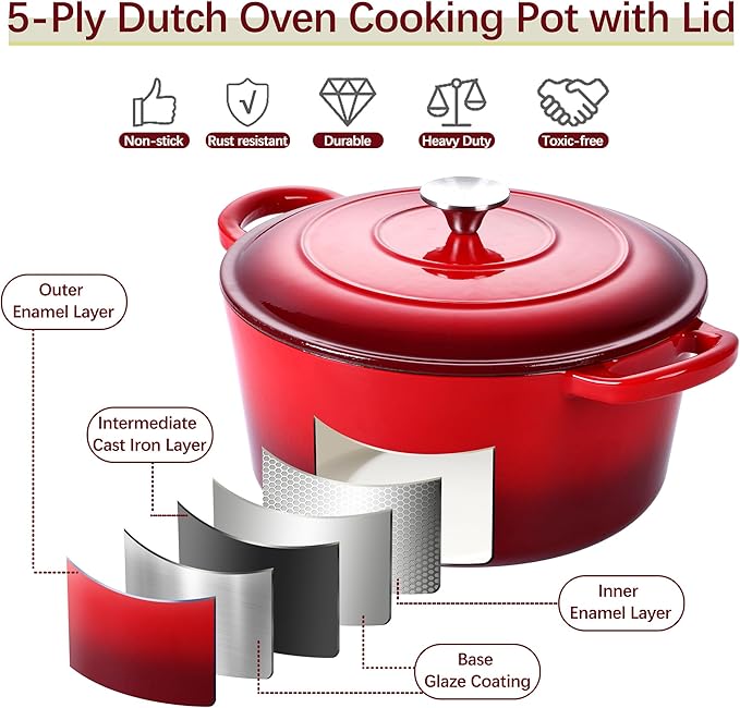 E-far 7QT Enameled Dutch Oven, Cast Iron Dutch Oven Pot - Image 4