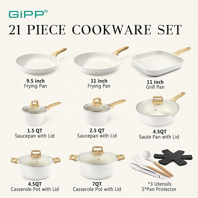 GiPP 21Psc Pots and Pans Set Non Stick White Granite Kitchen Cookware Sets - Image 2