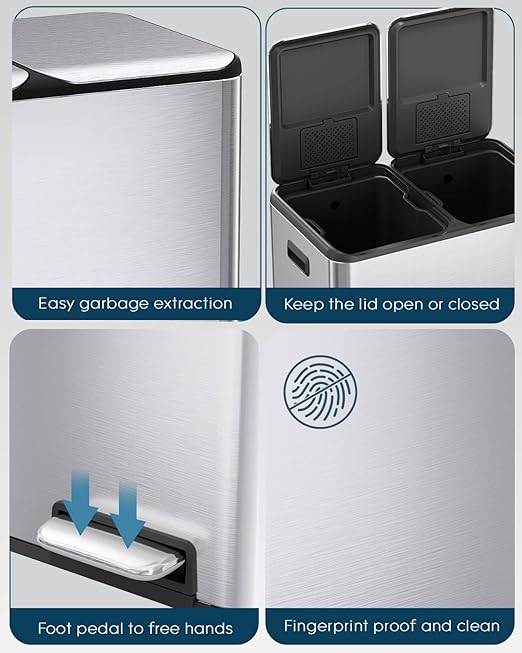 ComfyCorner 16 Gal Dual Trash Can, Stainless Steel Kitchen Garbage Bin - Image 4
