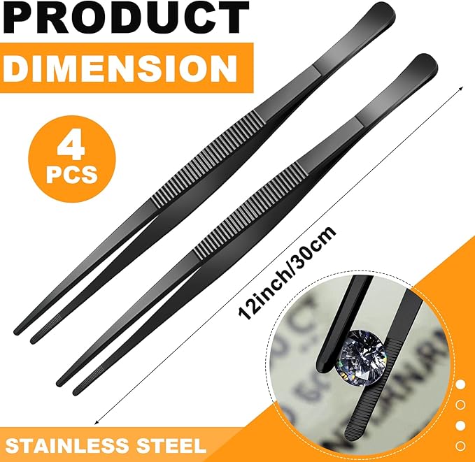 Yaomiao 4 Packs 12 Inch Bar Tweezers Black Cocktail Tongs Long Garnish Tweezers - Image 2
