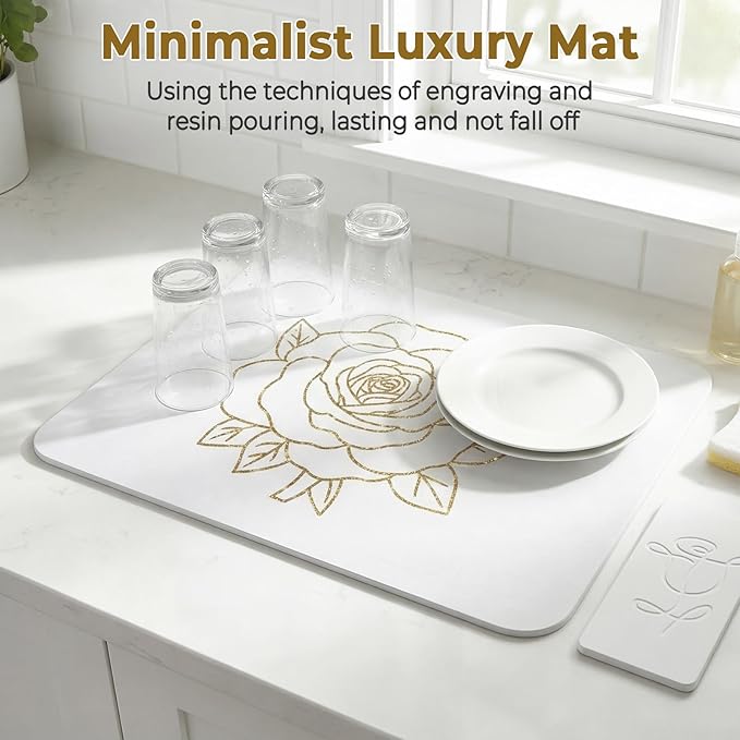 Stone Dish Drying Mat for Kitchen Counter, Glittery Resin Rose Pattern Quick - Image 4
