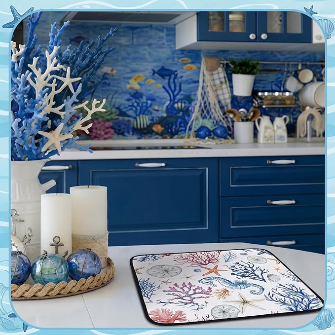 Breling Summer Dish Drying Mat Beach Kitchen Dry Mat 16 x 18 Inch Seahorse Blue - Image 7